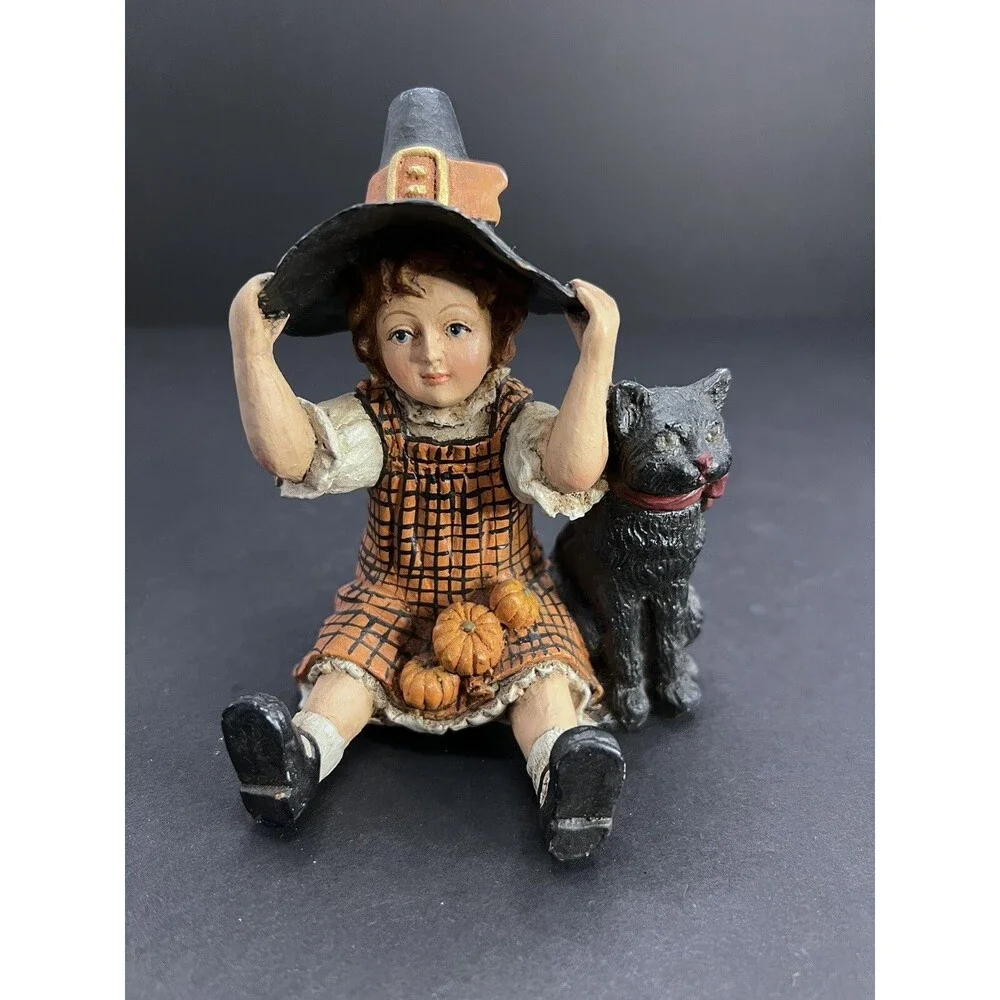 Bethany Lowe Halloween Witch Girl with Black Cat Primitive Figurine Decor